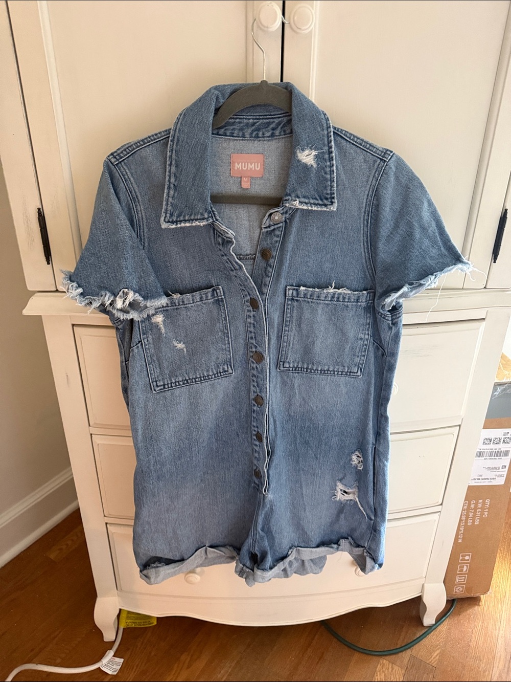 Show Me Your MuMu Light Blue Distressed Denim Romper